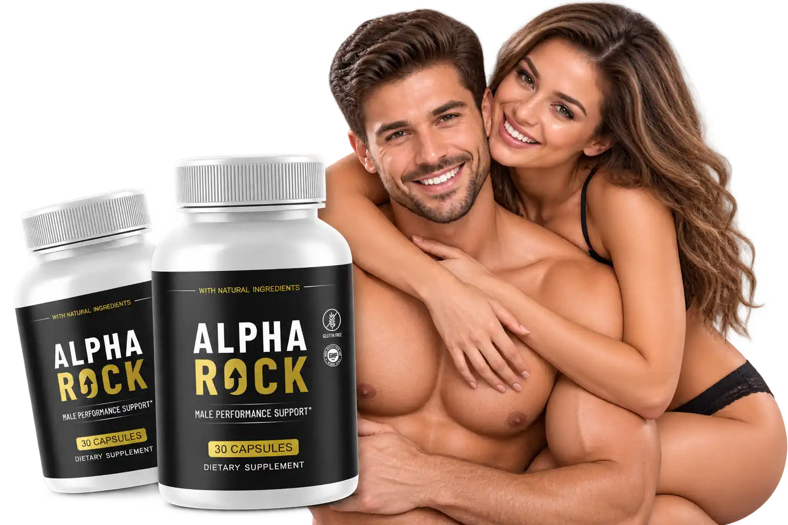 Alpha Rock male performance supplement bottle and capsules